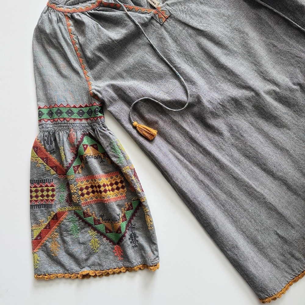 Uncle Frank Mini Dress Women's Size M Gray Embroidered Bell Sleeves Boho NWT‎